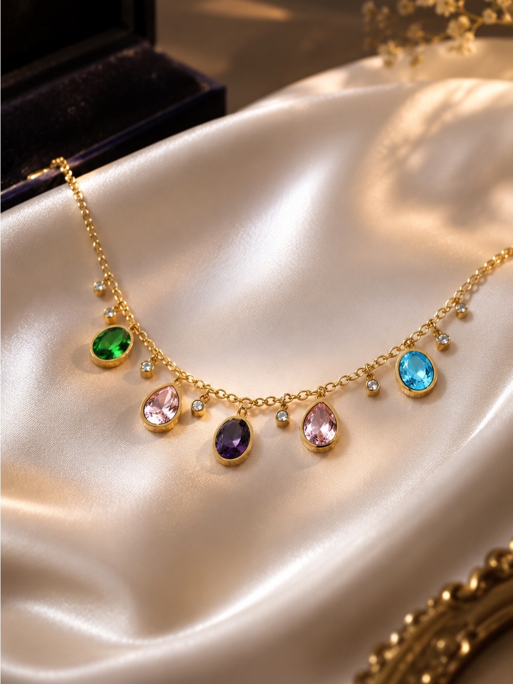 18 K Gold plated Teardrop Necklace with Green, Pink, Purple, Blue Gems